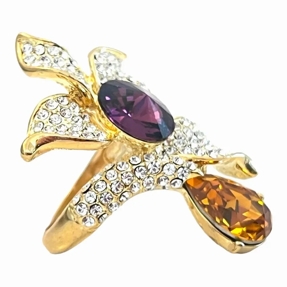 New Crystal Floral Statement Ring Rivoli Orange Drop Gold Tone Size 7.75 - 5T